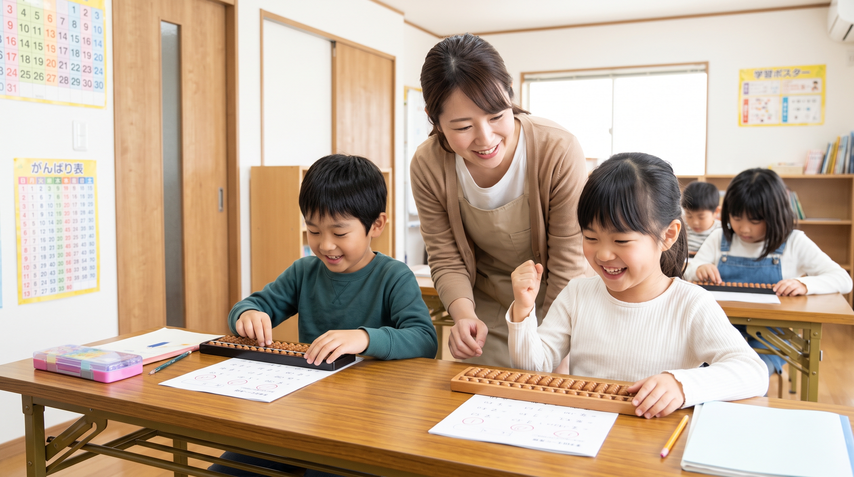先生と子どもたちがそろばんを楽しむイメージ画像